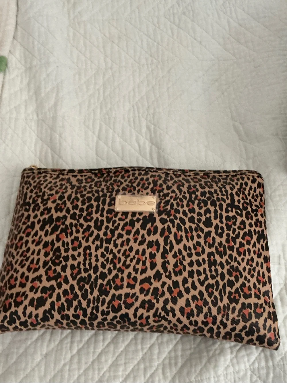 bebe Leopard Print Cosmetic Pouch in Tan, Black and Coral